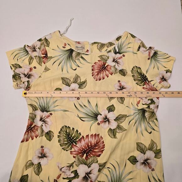 VTG Hawaiian Hibiscus Monstera Print Midi Dress 2XL Butter Yellow Ruffle Hem USA - Picture 3 of 7